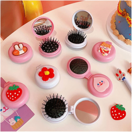 maquillaje Kawaii, lindo peine de cartón para niña, mini espejo redondo portátil plegable de silicona